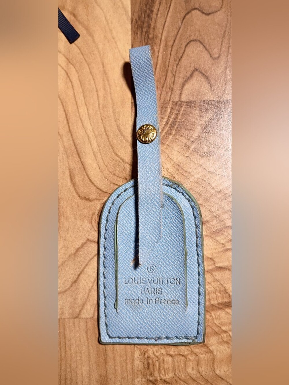 Baby Blue Leather Luggage Tag with Gold Hardware